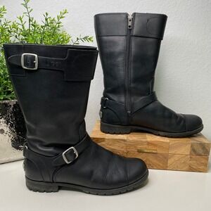 UGG Gershwin Black Leather Tall Motorcycle Riding Boots Buckle‎ Detail Size 7.5